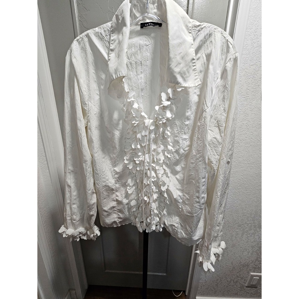 Le Caviar White Crinkle Ruffle Blouse 3D Cascade Hearts Size L Whimsigoth Top